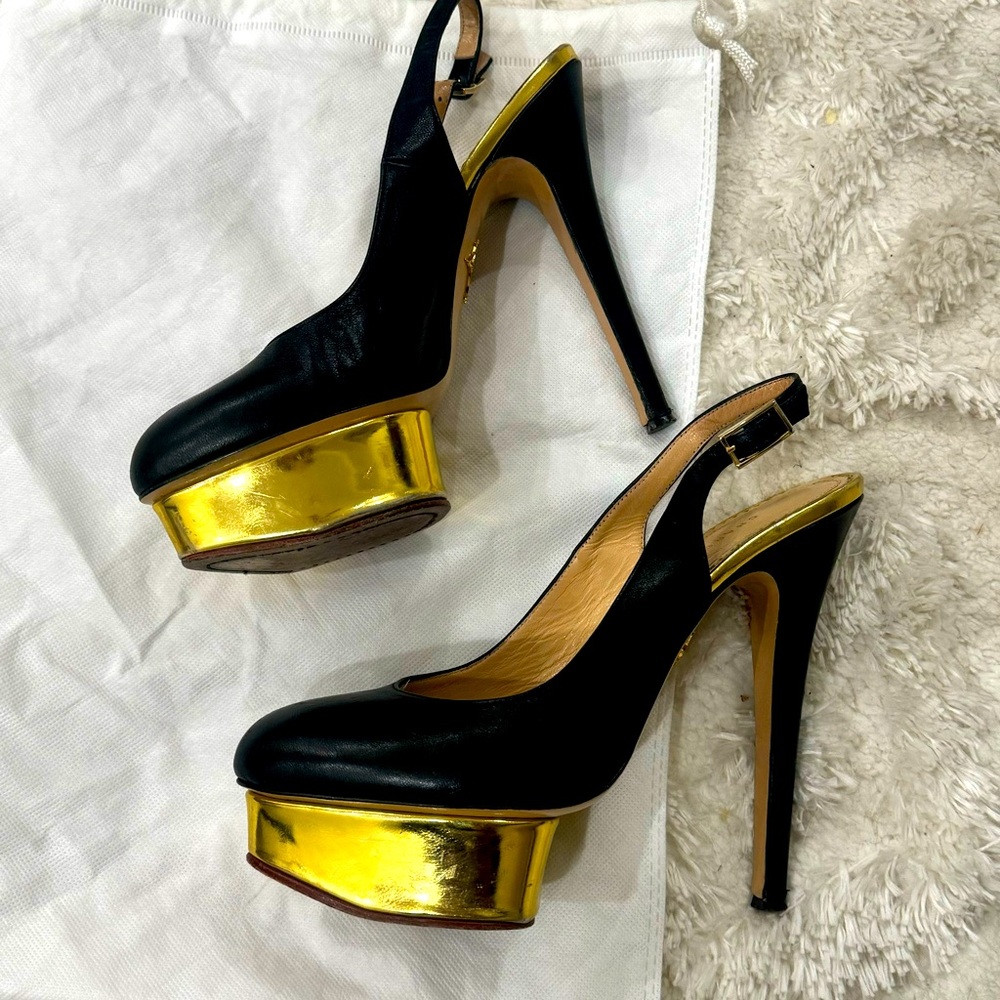 Black Leather DOLLY Gold Platform Slingback Pumps - Picture 6 of 11